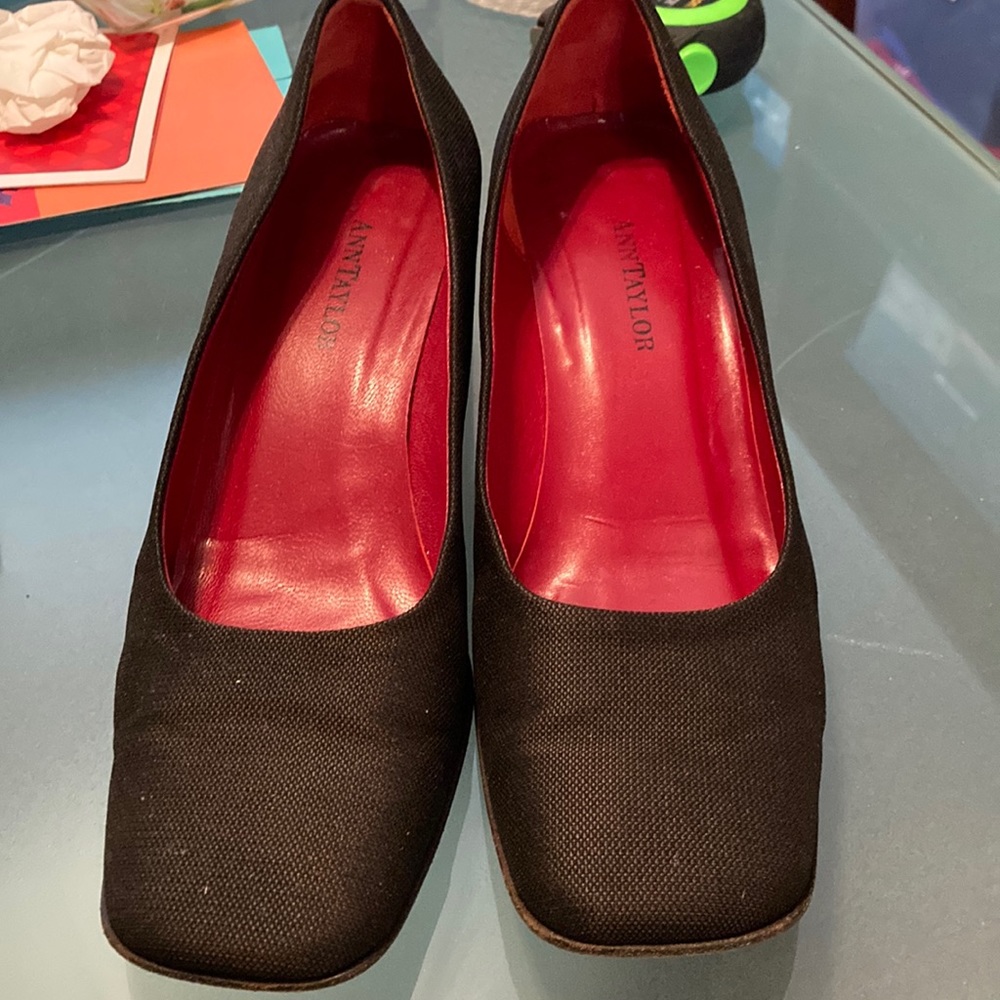 Ann Taylor brown fabric shoe.  Heel height is 2 1/4 inches.  Square toe.